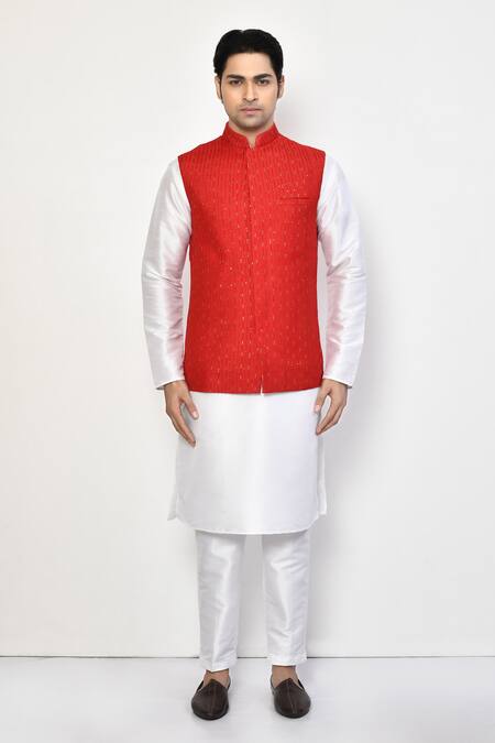 Arihant Rai Sinha Red Silk, Cotton Sequins Embellished Bundi Online at Aza Fashions Arihant Rai Sinha_Red Silk, Cotton Sequins Embellished Bundi _Online_at_Aza_Fashions