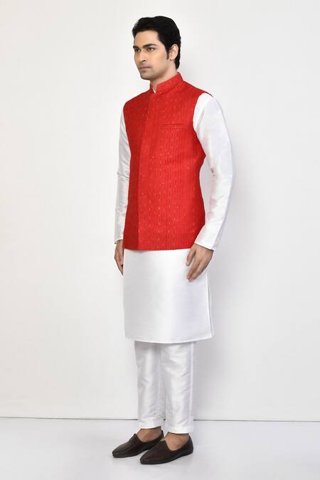 Shop Arihant Rai Sinha Red Silk, Cotton Sequins Embellished Bundi Online at Aza Fashions Shop_Arihant Rai Sinha_Red Silk, Cotton Sequins Embellished Bundi _Online_at_Aza_Fashions