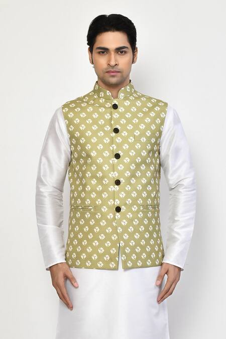 Buy_Arihant Rai Sinha_Green Linen, Cotton Bandhani Patterned Nehru Jacket_Online_at_Aza_Fashions
