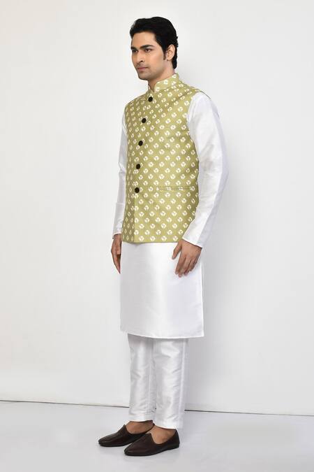 Shop_Arihant Rai Sinha_Green Linen, Cotton Bandhani Patterned Nehru Jacket_Online_at_Aza_Fashions