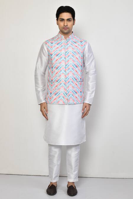 Arihant Rai Sinha_Blue Silk, Cotton Chevron Pattern Nehru Jacket _Online_at_Aza_Fashions