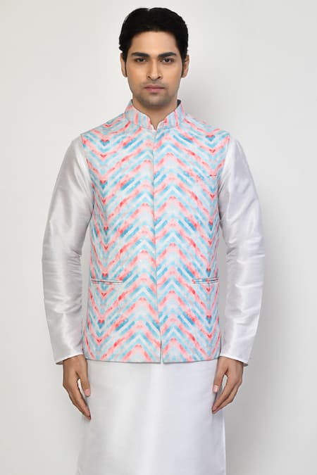 Buy_Arihant Rai Sinha_Blue Silk, Cotton Chevron Pattern Nehru Jacket _Online_at_Aza_Fashions