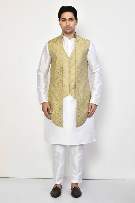 Arihant Rai Sinha_Beige Satin, Cotton Embroidery Geometric Nehru Jacket_Online_at_Aza_Fashions