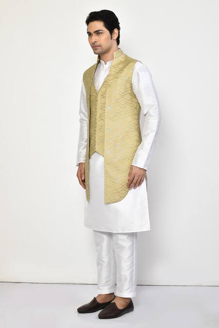 Shop_Arihant Rai Sinha_Beige Satin, Cotton Embroidery Geometric Nehru Jacket_Online_at_Aza_Fashions