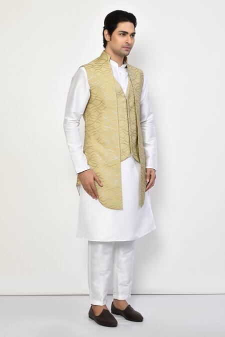 Arihant Rai Sinha_Beige Satin, Cotton Embroidery Geometric Nehru Jacket_at_Aza_Fashions