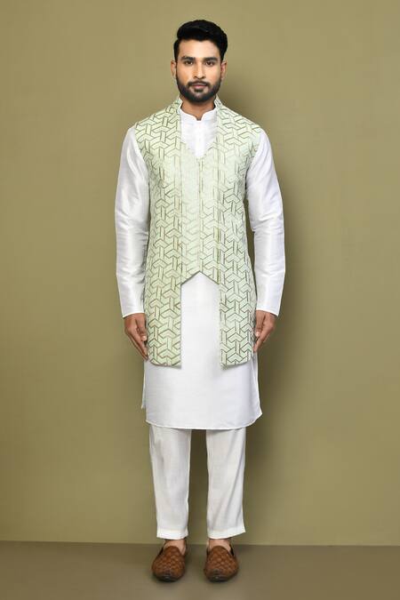 Arihant Rai Sinha_Green Silk, Cotton Embroidery Geometric Pattern Nehru Jacket_Online_at_Aza_Fashions