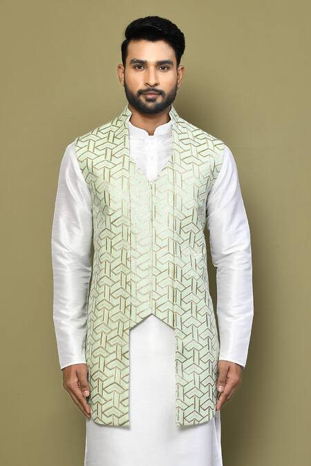 Buy_Arihant Rai Sinha_Green Silk, Cotton Embroidery Geometric Pattern Nehru Jacket_Online_at_Aza_Fashions