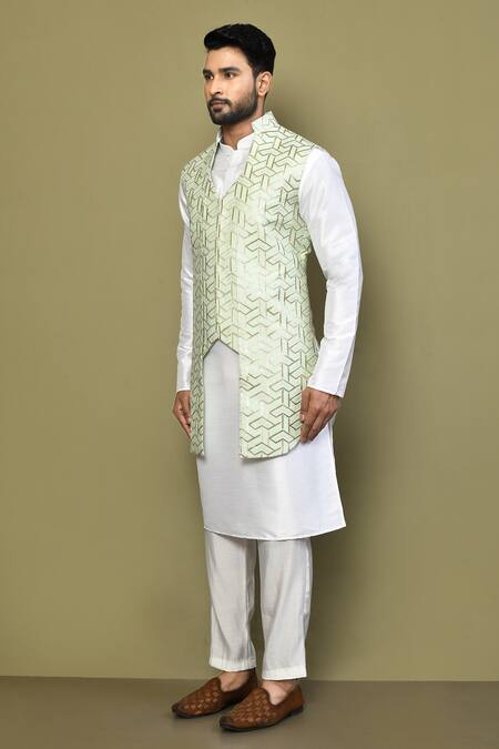 Shop_Arihant Rai Sinha_Green Silk, Cotton Embroidery Geometric Pattern Nehru Jacket_Online_at_Aza_Fashions