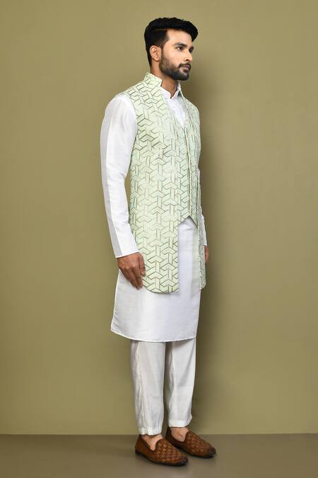 Arihant Rai Sinha_Green Silk, Cotton Embroidery Geometric Pattern Nehru Jacket_at_Aza_Fashions