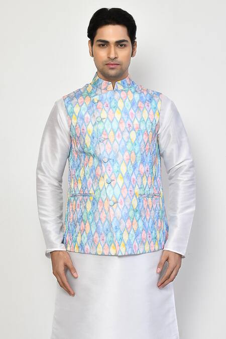 Arihant Rai Sinha_Blue Silk, Cotton Geometric Pattern Nehru Jacket _Online_at_Aza_Fashions