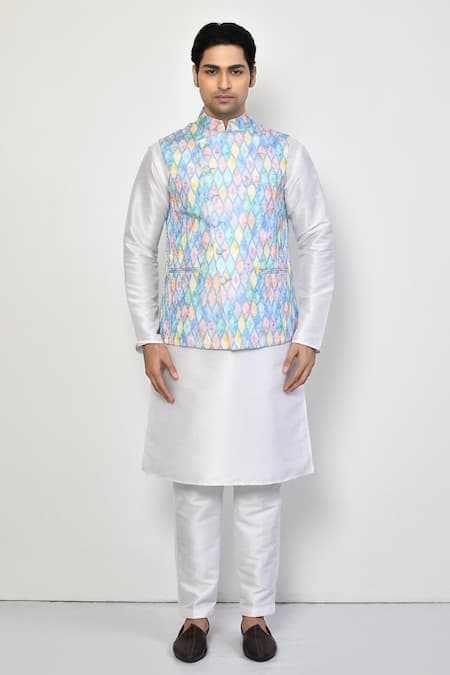 Buy_Arihant Rai Sinha_Blue Silk, Cotton Geometric Pattern Nehru Jacket _Online_at_Aza_Fashions