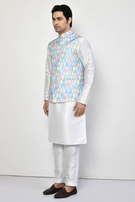 Shop_Arihant Rai Sinha_Blue Silk, Cotton Geometric Pattern Nehru Jacket _Online_at_Aza_Fashions