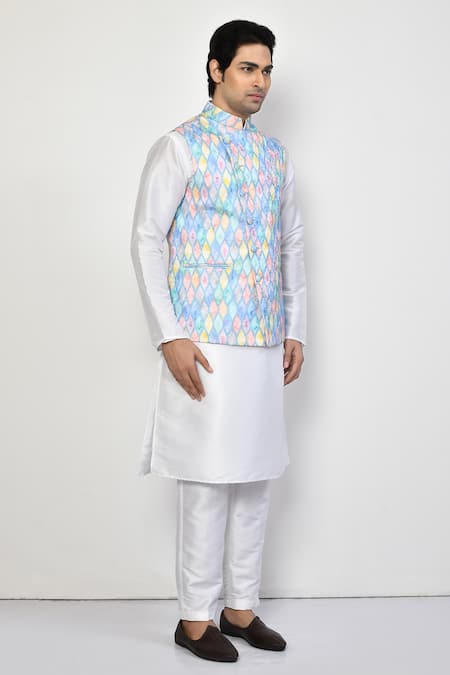 Arihant Rai Sinha_Blue Silk, Cotton Geometric Pattern Nehru Jacket _at_Aza_Fashions