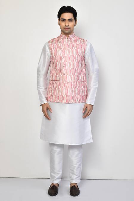 Arihant Rai Sinha_Pink Silk, Cotton Geometric Pattern Nehru Jacket _Online_at_Aza_Fashions