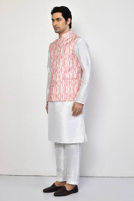 Shop_Arihant Rai Sinha_Pink Silk, Cotton Geometric Pattern Nehru Jacket _Online_at_Aza_Fashions