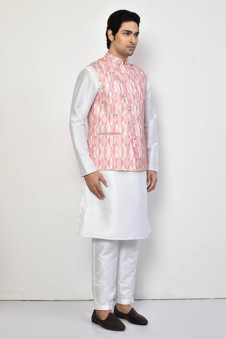 Arihant Rai Sinha_Pink Silk, Cotton Geometric Pattern Nehru Jacket _at_Aza_Fashions