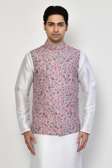 Buy_Arihant Rai Sinha_Purple Cotton Embroidery Floral Nehru Jacket_Online_at_Aza_Fashions