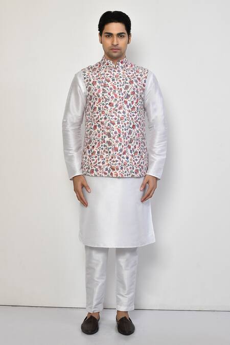 Arihant Rai Sinha_White Cotton Embroidery Floral Pattern Nehru Jacket _Online_at_Aza_Fashions
