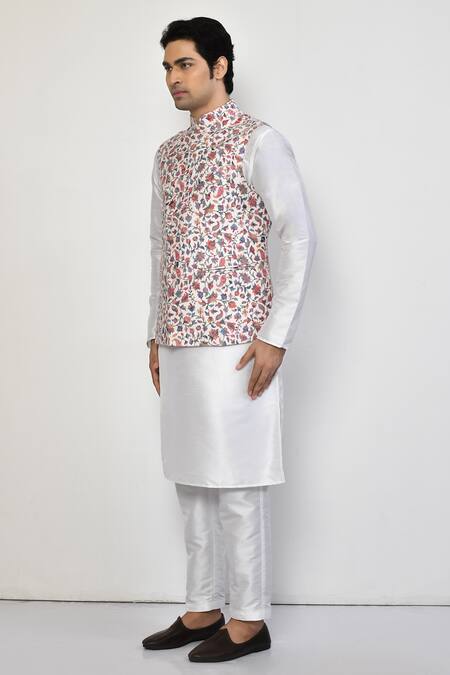 Shop_Arihant Rai Sinha_White Cotton Embroidery Floral Pattern Nehru Jacket _Online_at_Aza_Fashions
