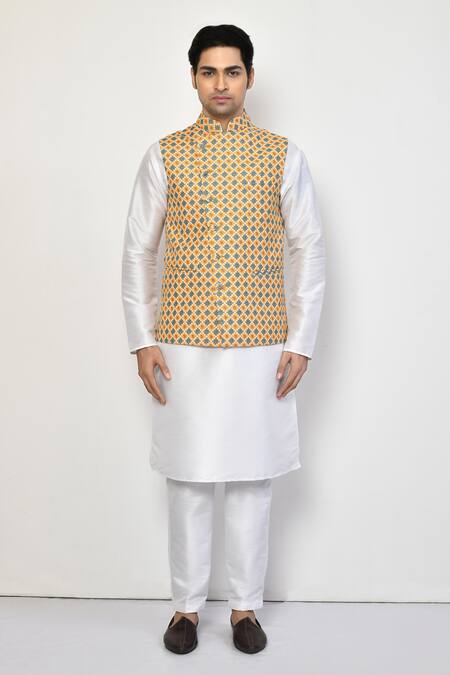 Buy_Arihant Rai Sinha_Yellow Silk, Cotton Paisley Checkered Bundi _Online_at_Aza_Fashions