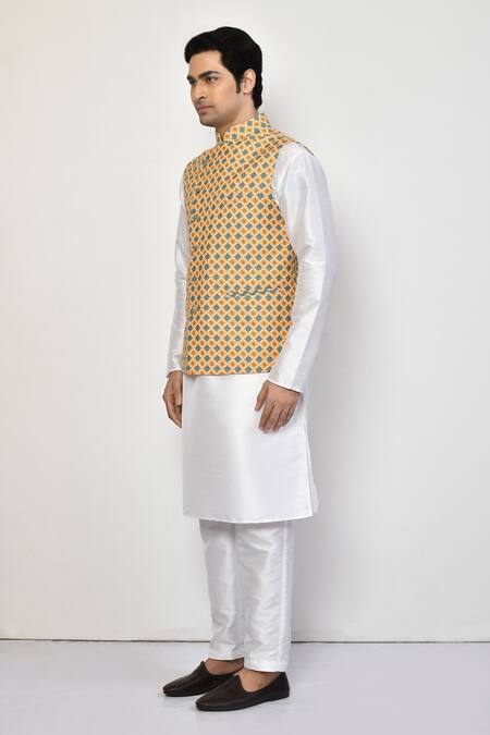 Shop_Arihant Rai Sinha_Yellow Silk, Cotton Paisley Checkered Bundi _Online_at_Aza_Fashions