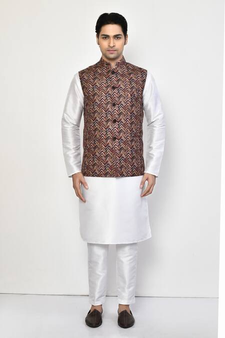 Arihant Rai Sinha_Brown Silk, Cotton Chevron Stroke Print Bundi _Online_at_Aza_Fashions