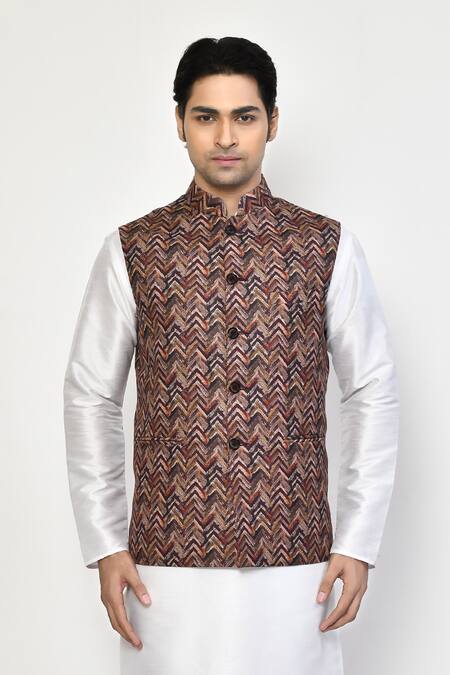 Buy_Arihant Rai Sinha_Brown Silk, Cotton Chevron Stroke Print Bundi _Online_at_Aza_Fashions