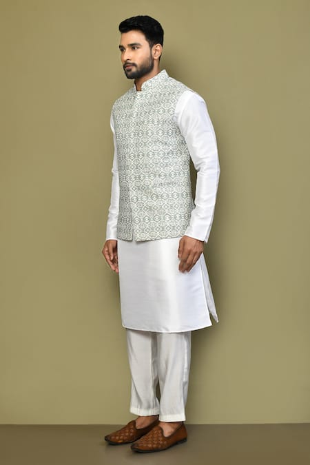 Shop_Arihant Rai Sinha_Gray Silk, Cotton Embroidery Mandala Illusion Nehru Jacket _Online_at_Aza_Fashions