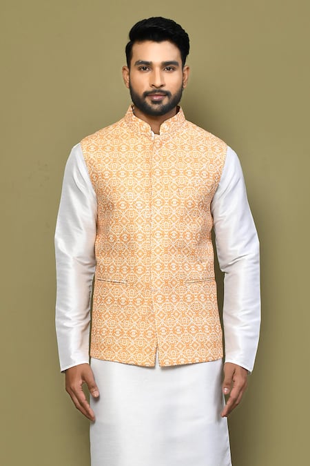 Buy_Arihant Rai Sinha_Peach Silk, Cotton Embroidery Mandala Illusion Nehru Jacket _Online_at_Aza_Fashions