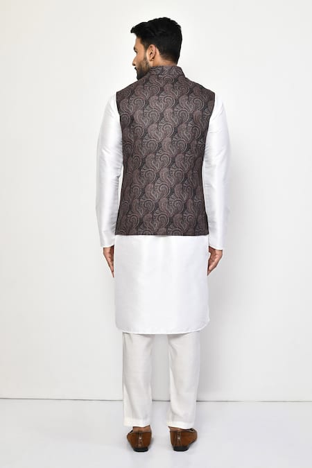 Shop_Arihant Rai Sinha_Black Linen, Cotton Embroidery Paisley Bloom Print Bundi _at_Aza_Fashions