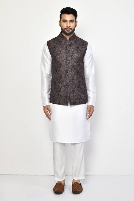 Arihant Rai Sinha_Black Linen, Cotton Embroidery Paisley Bloom Print Bundi _Online_at_Aza_Fashions