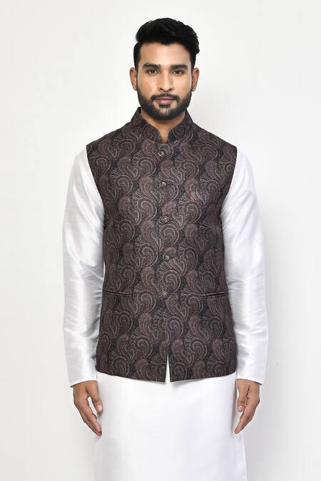 Buy_Arihant Rai Sinha_Black Linen, Cotton Embroidery Paisley Bloom Print Bundi _Online_at_Aza_Fashions