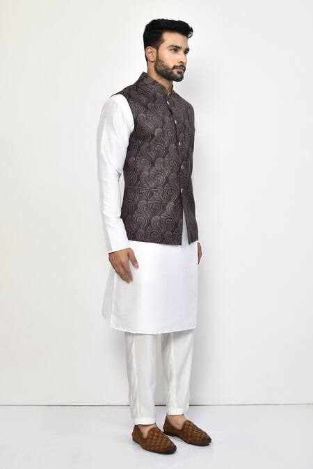 Arihant Rai Sinha_Black Linen, Cotton Embroidery Paisley Bloom Print Bundi _at_Aza_Fashions
