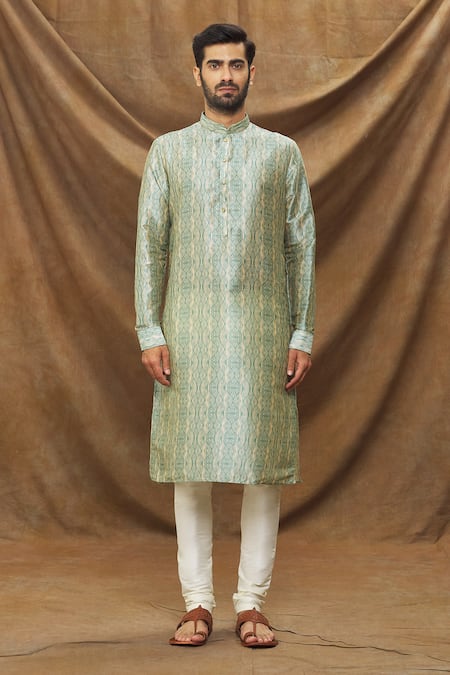 Samyukta Singhania_Green Silk, Chanderi Leaf Print Kurta And Churidar Set_Online_at_Aza_Fashions