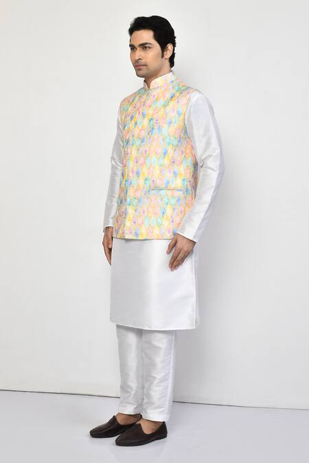 Shop Arihant Rai Sinha Green Silk, Cotton Marble Prism Jaal Print Bundi Online at Aza Fashions Shop_Arihant Rai Sinha_Green Silk, Cotton Marble Prism Jaal Print Bundi _Online_at_Aza_Fashions