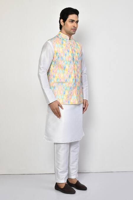 Arihant Rai Sinha Green Silk, Cotton Marble Prism Jaal Print Bundi at Aza Fashions Arihant Rai Sinha_Green Silk, Cotton Marble Prism Jaal Print Bundi _at_Aza_Fashions