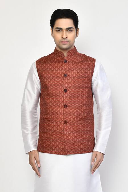 Buy_Arihant Rai Sinha_Brown Silk, Cotton Wild Bloom Print Bundi_Online_at_Aza_Fashions