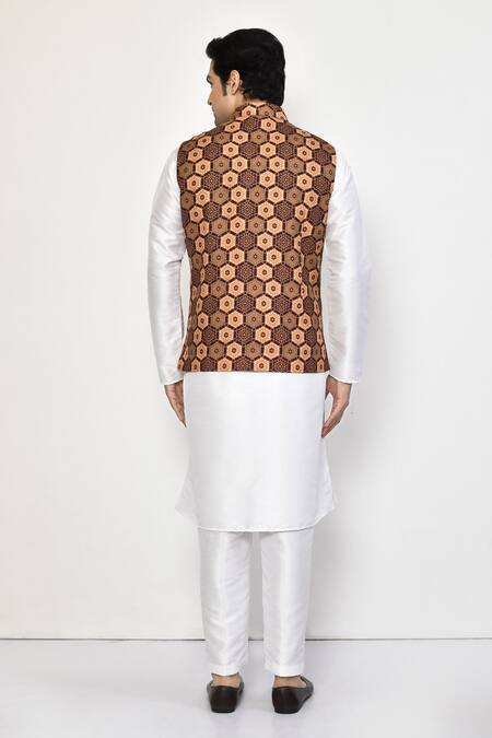 Shop Arihant Rai Sinha Brown Silk, Cotton Hexagon Fleur Print Bundi at Aza Fashions Shop_Arihant Rai Sinha_Brown Silk, Cotton Hexagon Fleur Print Bundi_at_Aza_Fashions