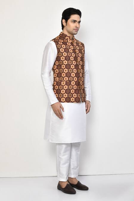 Arihant Rai Sinha Brown Silk, Cotton Hexagon Fleur Print Bundi at Aza Fashions Arihant Rai Sinha_Brown Silk, Cotton Hexagon Fleur Print Bundi_at_Aza_Fashions