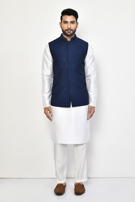 Arihant Rai Sinha_Blue Silk, Cotton Crystals Florid Embellished Bundi_Online_at_Aza_Fashions