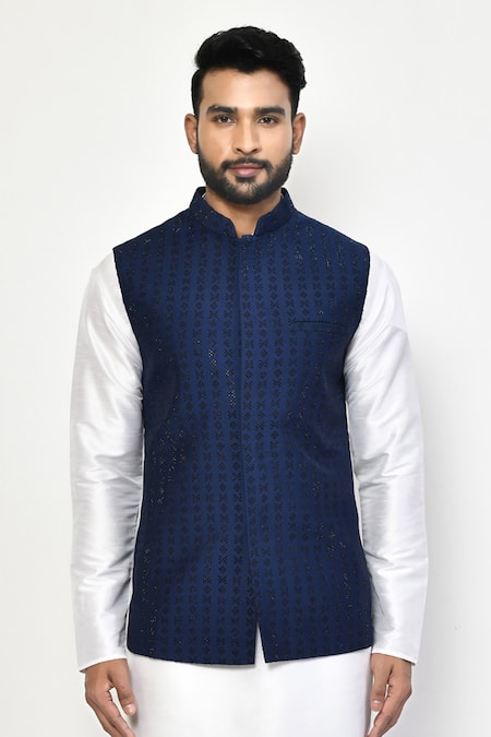 Buy_Arihant Rai Sinha_Blue Silk, Cotton Crystals Florid Embellished Bundi_Online_at_Aza_Fashions