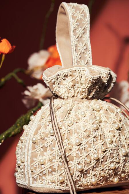 Aamli_Cream Beads Velvet Pearl Embellished Potli Bag _Online_at_Aza_Fashions