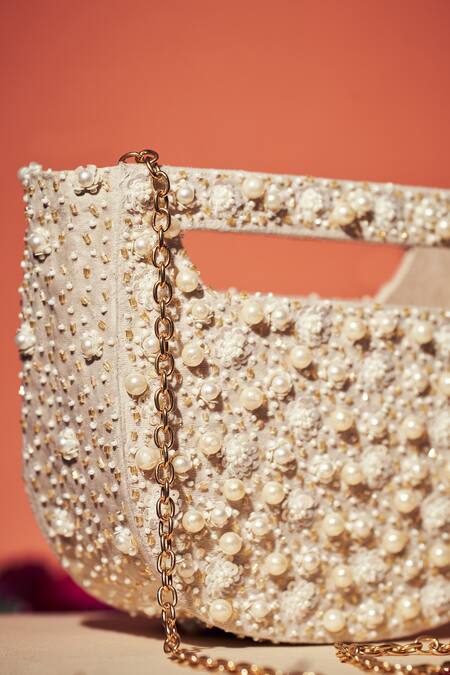 Aamli_Off White Beads Panache Pearl Embellished Bag _Online_at_Aza_Fashions