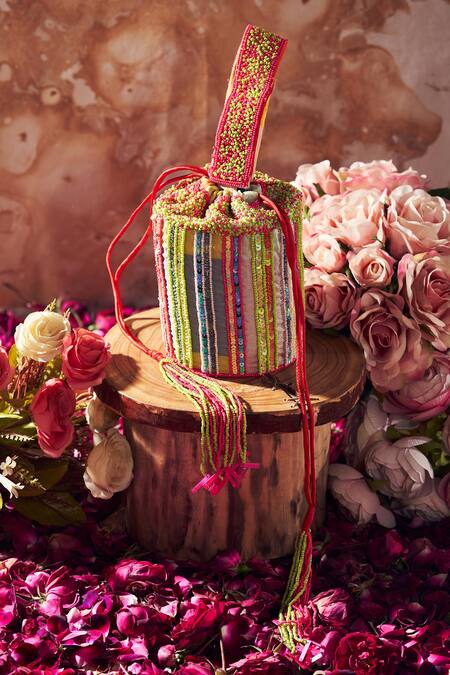 Aamli_Pink Sequins, Beads Silk Embellished Bucket Potli Bag _Online_at_Aza_Fashions