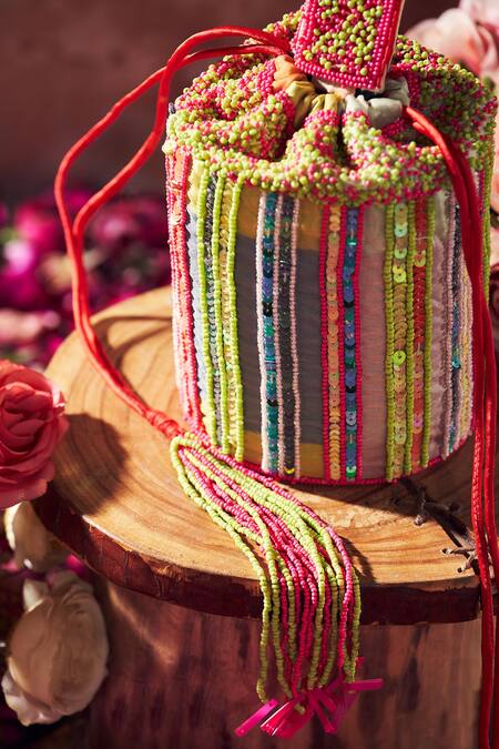 Buy_Aamli_Pink Sequins, Beads Silk Embellished Bucket Potli Bag _Online_at_Aza_Fashions
