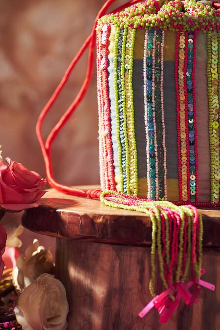 Shop_Aamli_Pink Sequins, Beads Silk Embellished Bucket Potli Bag _Online_at_Aza_Fashions