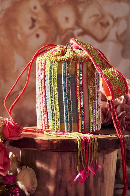 Aamli_Pink Sequins, Beads Silk Embellished Bucket Potli Bag _at_Aza_Fashions