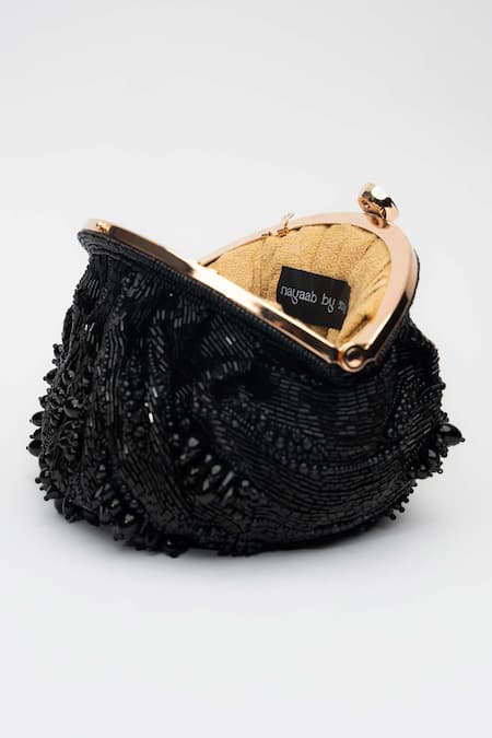 Shop_Nayaab By Sonia_Black Crystals, Cut Work, Beads Blooms Nightfall Embroidered Potli _Online_at_Aza_Fashions