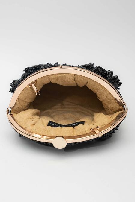 Nayaab By Sonia_Black Crystals, Cut Work, Beads Blooms Nightfall Embroidered Potli _at_Aza_Fashions