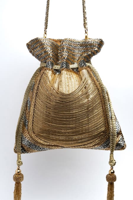 Shop Nayaab By Sonia Gold Cut Work, Diamonds, Beads, Tassels Hinted Pewter Embroidered Potli Bag at Aza Fashions Shop_Nayaab By Sonia_Gold Cut Work, Diamonds, Beads, Tassels Hinted Pewter Embroidered Potli Bag _at_Aza_Fashions